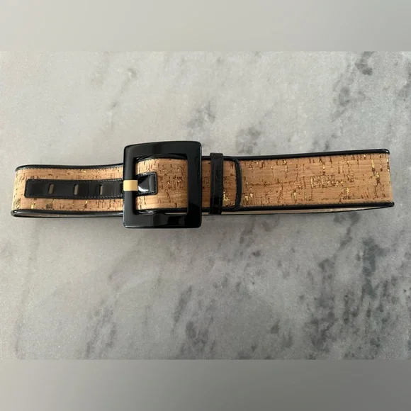 Worth genuine leather belt.  Cork with gold flecks and black patent leather.  P Distressed Calfskin Belt with Brass Buckle | Billy Reid main image 4